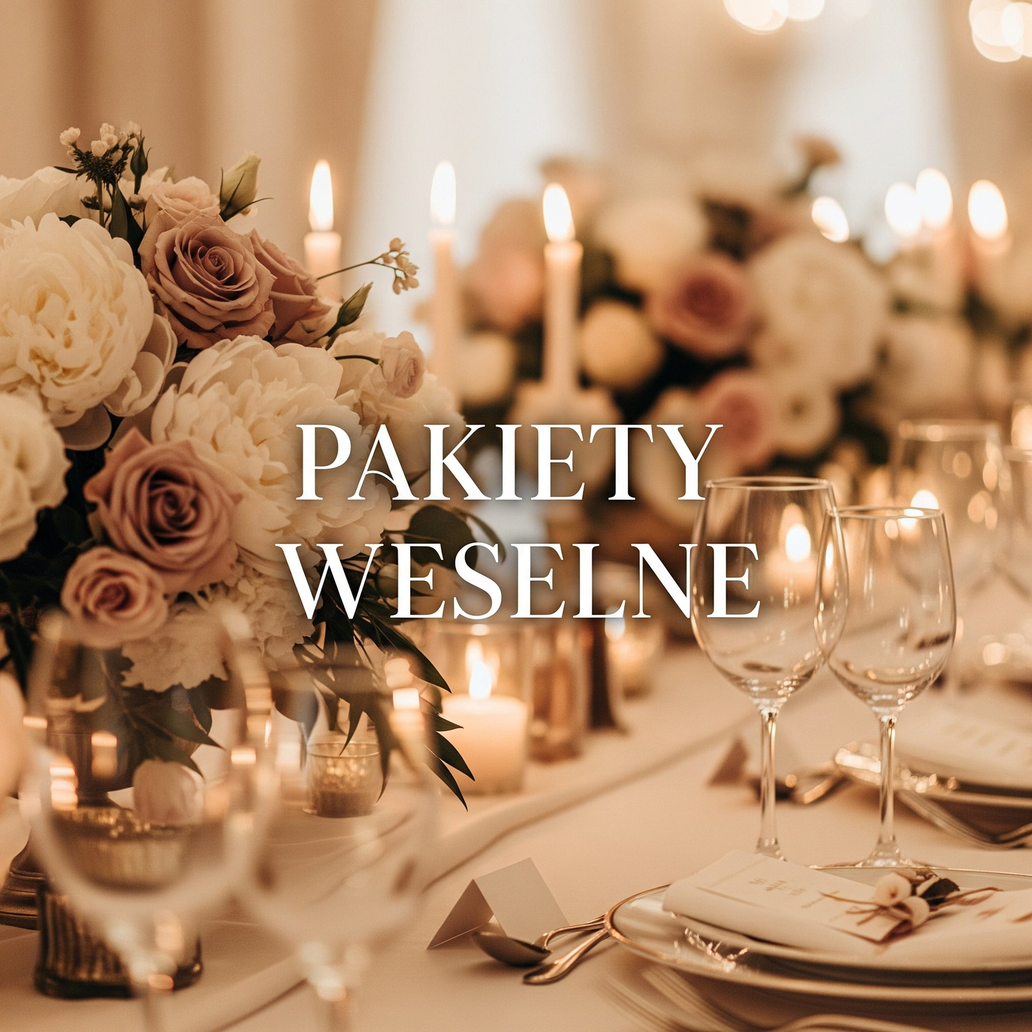 Napis Pakiety Weselne z tłem stołu weselnego